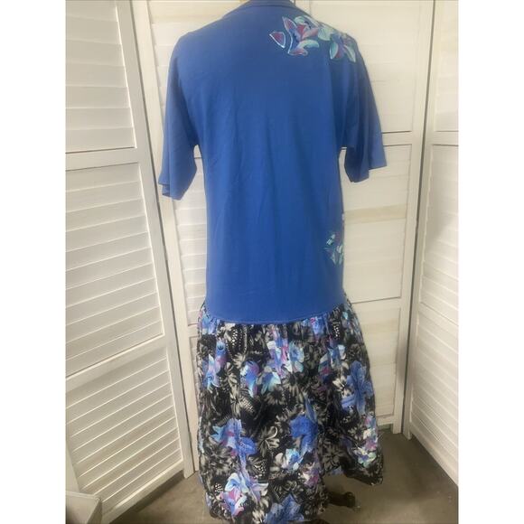 Vtg 80s Classic II Drop Waist Dress Short Sleeve Floral Cotton Union Made USA L - Picture 6 of 11